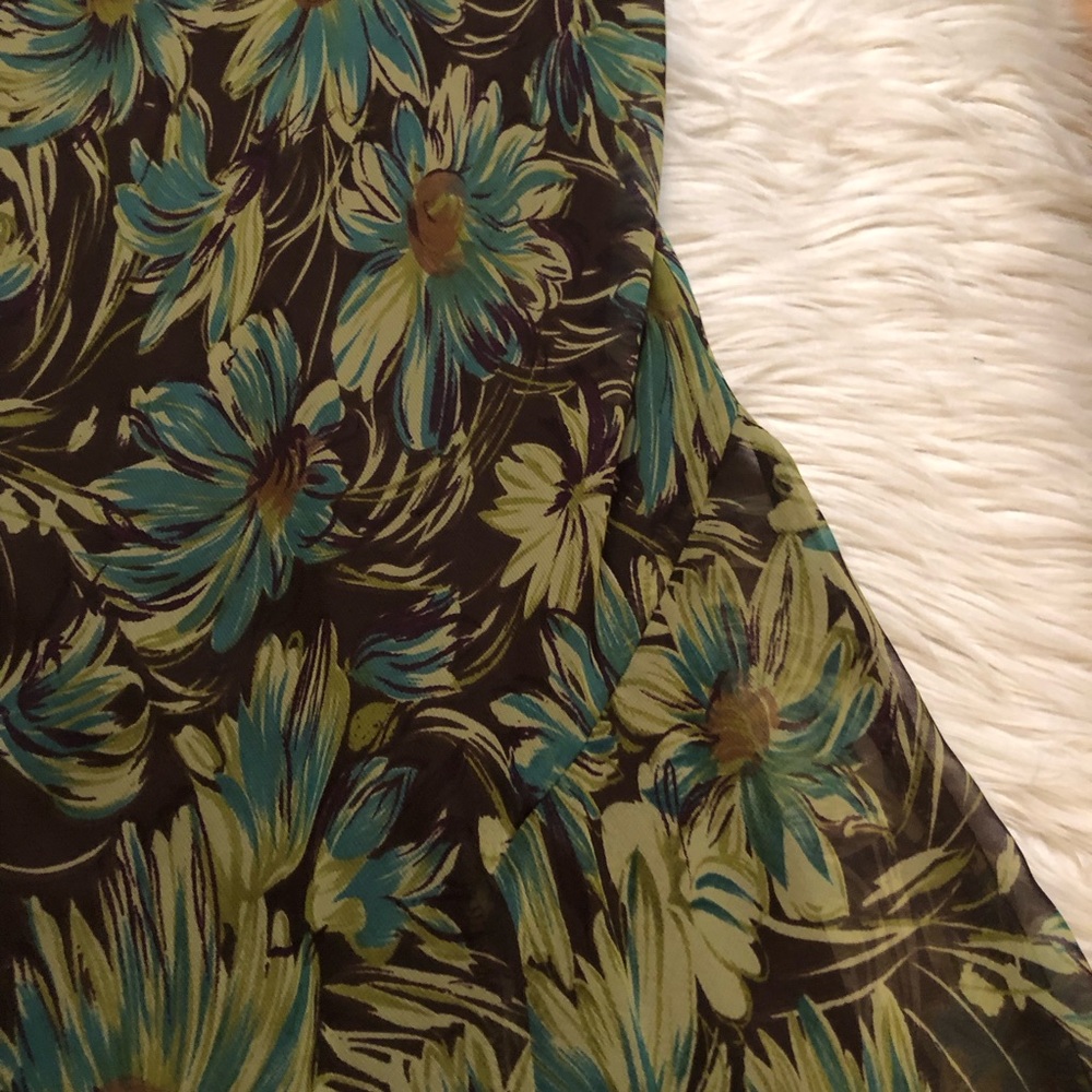 Meghan Matthews Daisy Floral Asymmetrical Sleeveless Green Brown Midi Dress 8 - Picture 5 of 10